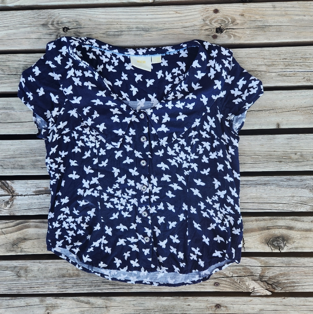 Maeve Navy and White Blouse Bird Ruffle Button 12 Large Anthropologie